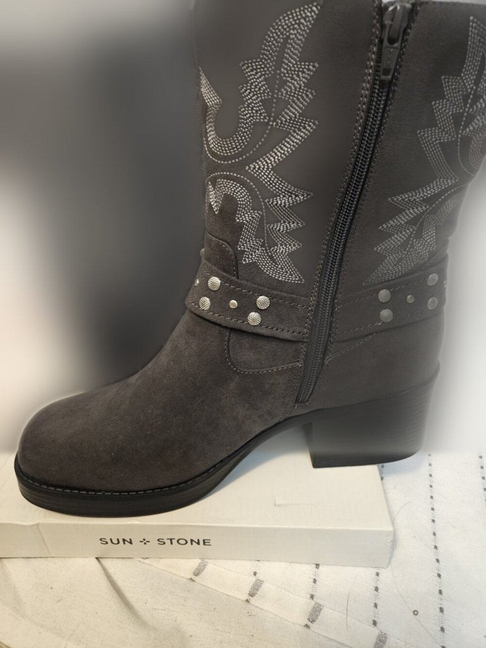 Sun + Stone Norah Western Booties Womens 11 Charcoal Embroidered Studded NIB